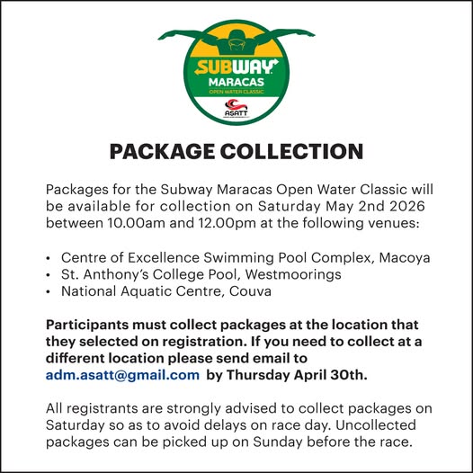 ๐ฆ PACKAGE COLLECTION for the 2026 โSubway Maracas Open Water Classicโ will be on Saturday May 2nd, 2026. ๐๐ฝ