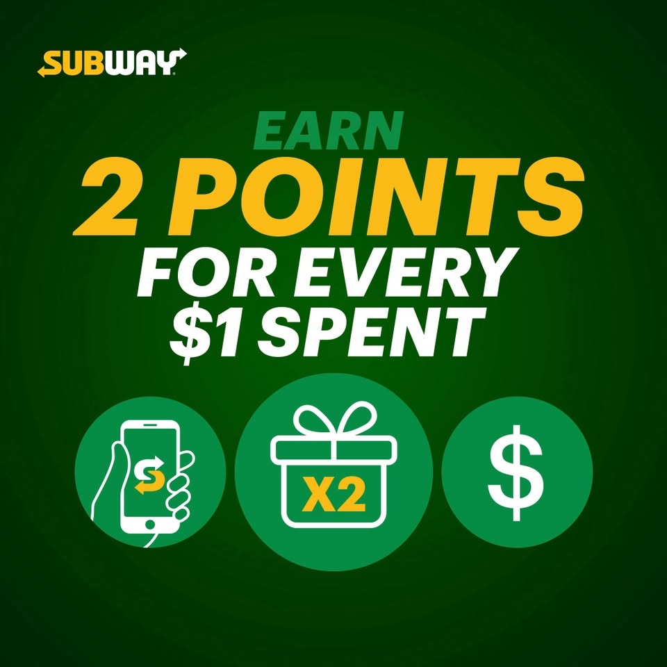 2️⃣ Today is DOUBLE POINTS TUESDAY on the Subway APP!!!! 📱= 2️⃣❌🪙